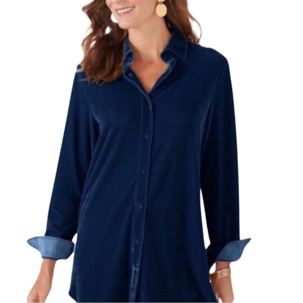 SOFT SURROUNDINGS Velvet Button Down in Deep Sapphire Blue
